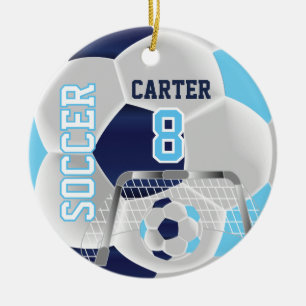 Blue, White & Dark Blue Personalize Soccer  ⚽ Ceramic Ornament