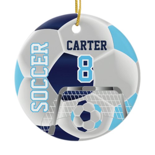 Blue, White &amp; Dark Blue Personalize Soccer  ⚽ Ceramic Ornament