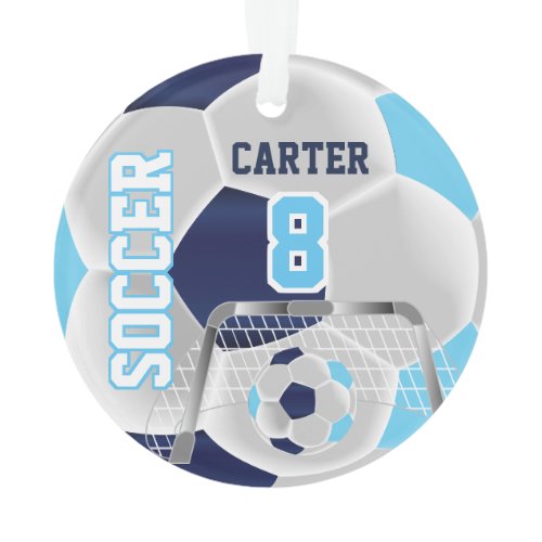 Blue, White &amp; Dark Blue Personalize Soccer  ⚽ Ornament