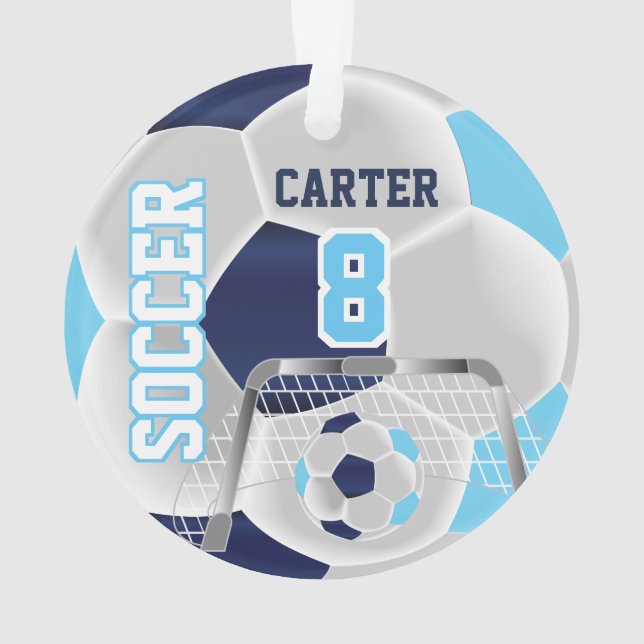 Blue, White & Dark Blue Personalize Soccer  ⚽ Ornament (Back)