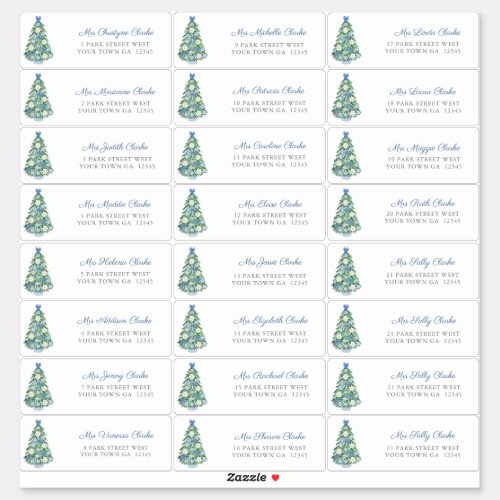 Blue White Decorated Tree Christmas Cards Address Sticker