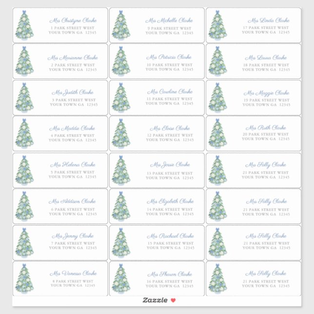 Blue White Decorated Tree Christmas Cards Address Sticker (Sheet)