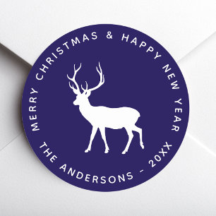 Blue White Deer Buck Stag Merry Christmas Holidays Classic Round Sticker