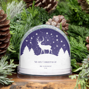 Blue White Deer Christmas Family Photo Pine Trees Snow Globe