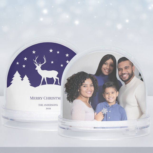 Blue White Deer Christmas Family Photo Pine Trees Snow Globe (Creator Uploaded)
