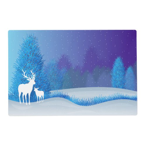 Blue  White Deer  Snowflake Winter Reversible Placemat