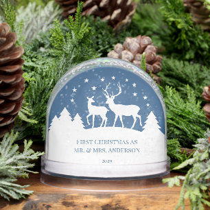 Blue White Deer Stag & Doe First Christmas Photo Snow Globe