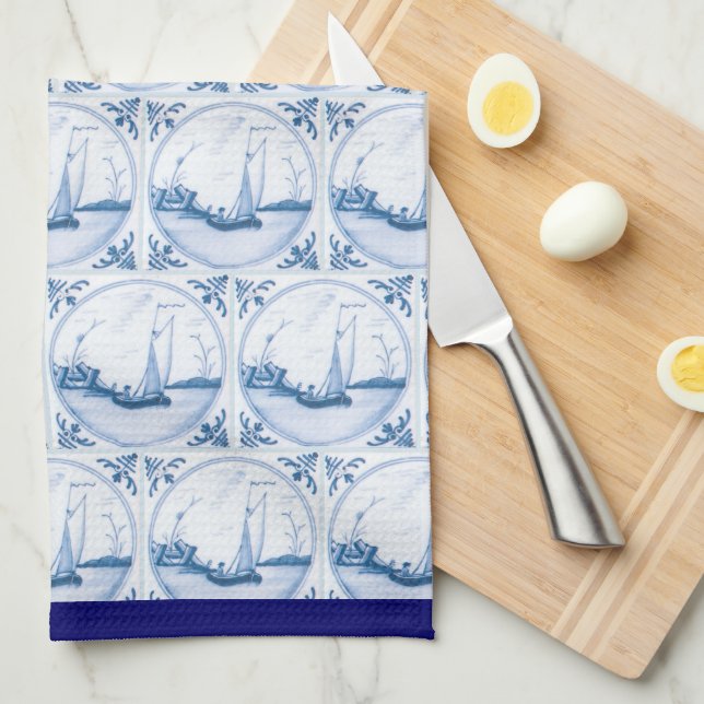 Blue White Delft Sailboat Pattern Blue Border Kitchen Towel (Quarter Fold)