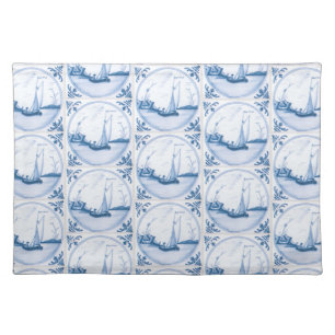 Blue White Delft Sailboats Faux Tile Placemat