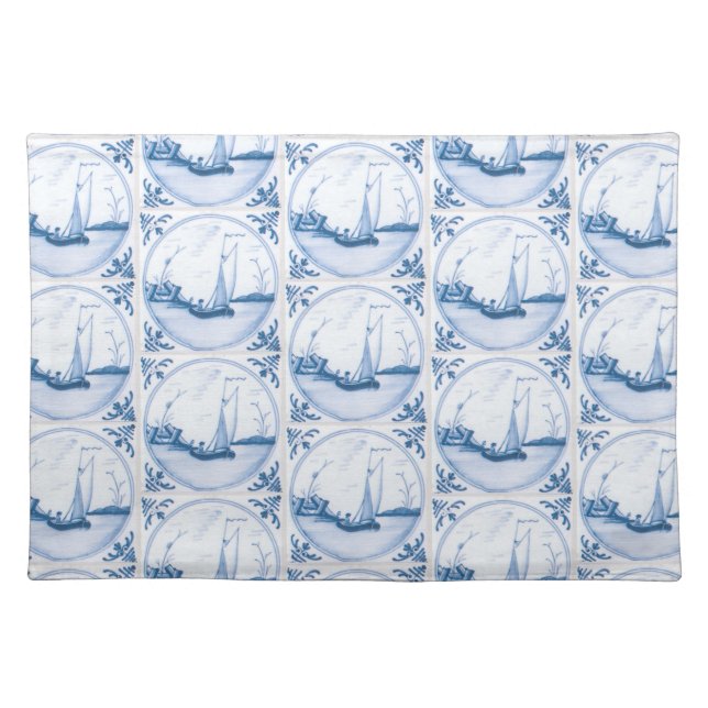 Blue White Delft Sailboats Faux Tile Placemat (Front)