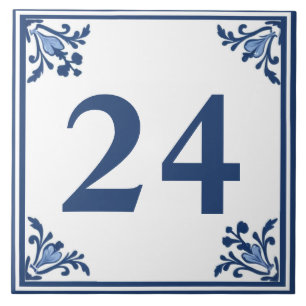 Blue White Delft Simple Floral Custom House Number Ceramic Tile
