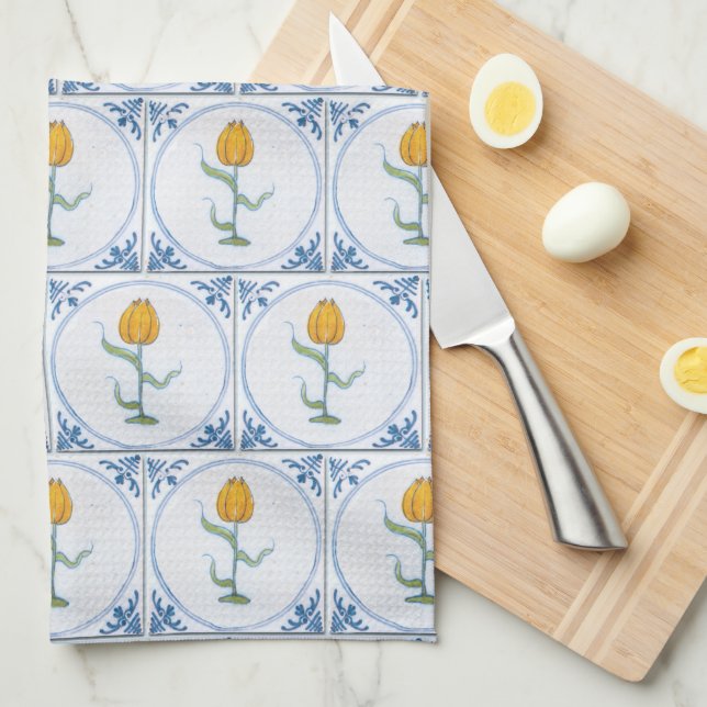 Blue White Delft Tulip Faux Tiles Kitchen Towel (Quarter Fold)