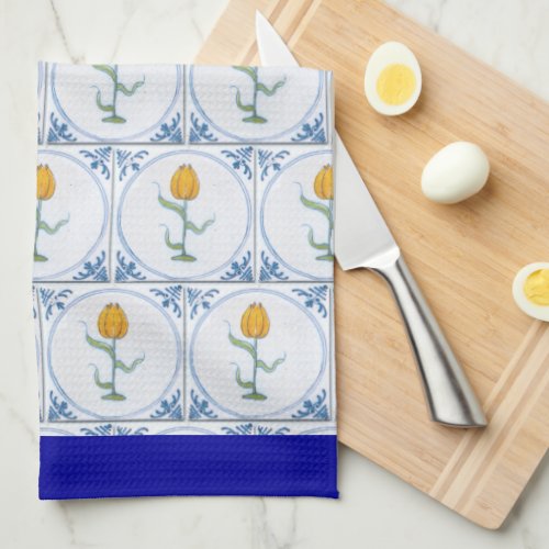 Blue White Delft Tulip Tile Pattern Blue Border Kitchen Towel