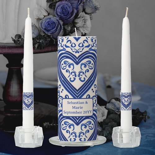 Blue  White Delftware Heart Anniversary own names Unity Candle Set