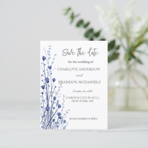 Blue White Delicate Wildflowers Save The Date  Announcement Postcard