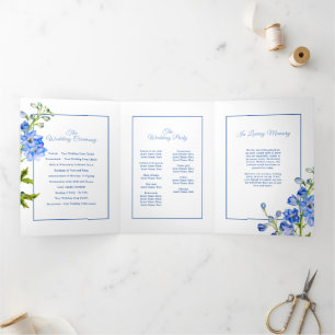 Blue white delphinium flowers watercolor wedding Tri-Fold program