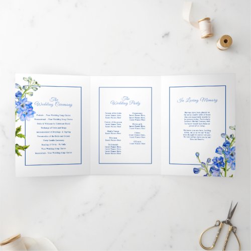 Blue white delphinium flowers watercolor wedding  Tri_Fold program