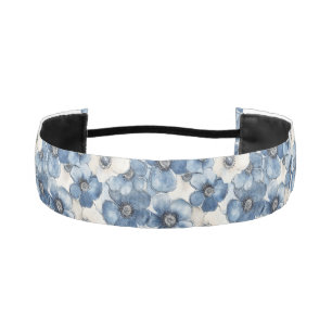 Blue White Denim Floral Athletic Headband