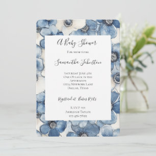 Blue White Denim Flowers Baby Shower Invitation