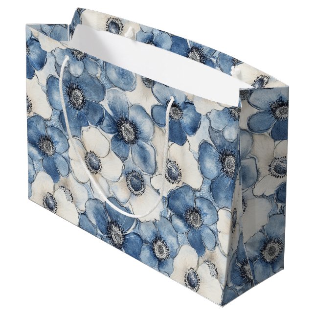 Blue White Denim Flowers Birthday Large Gift Bag (Back Angled)