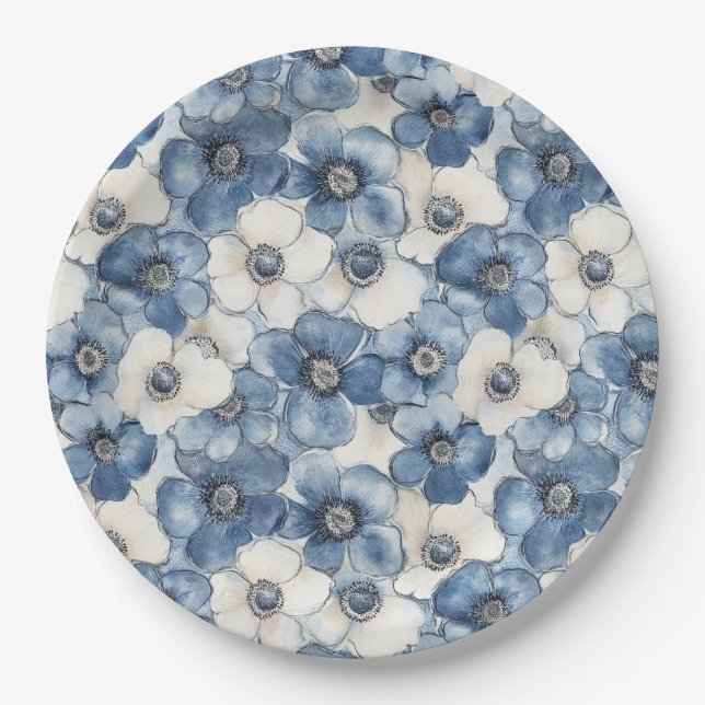 Blue White Denim Flowers Birthday Paper Plates (Front)