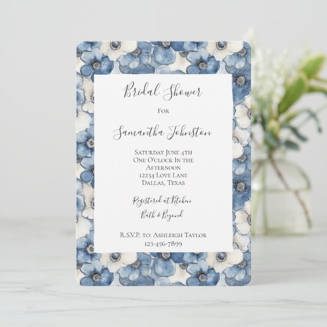 Blue White Denim Flowers Bridal Shower Invitation (Standing Front)