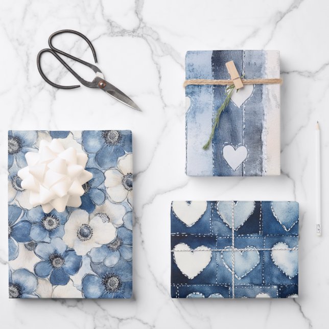 Blue White Denim Flowers Hearts Birthday Wrapping Paper Sheets (Front)
