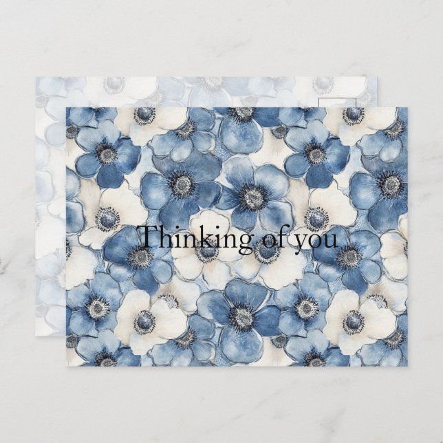 Blue White Denim Flowers Thinking of you Postcard (Front/Back)