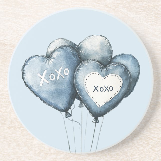 Blue White Denim Heart Balloons Coaster (Front)