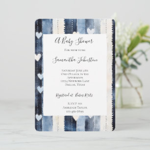 Blue White Denim Heart Stripes Baby Shower Invitation