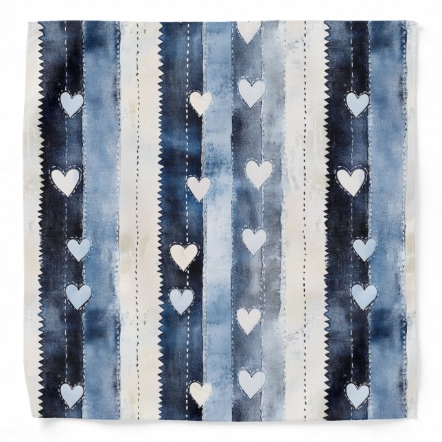 Blue White Denim Heart Stripes Birthday Bandana (Front)