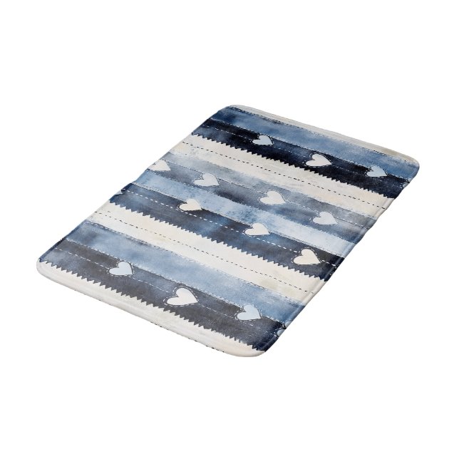 Blue White Denim Heart Stripes Birthday Bath Mat (Angled)