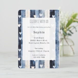 Blue White Denim Heart Stripes Birthday Invitation
