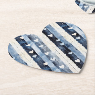 Blue White Denim Heart Stripes Birthday Paper Coaster