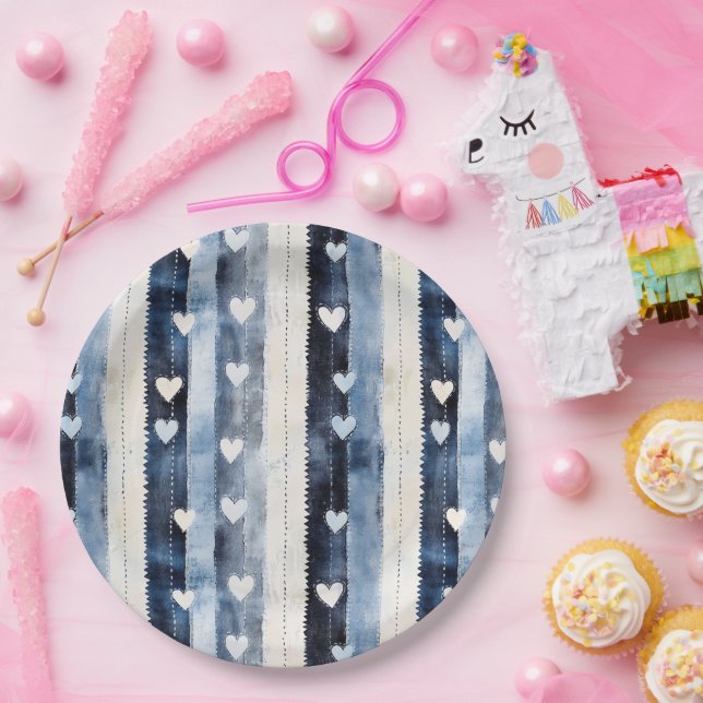Blue White Denim Heart Stripes Birthday Paper Plates (Party)