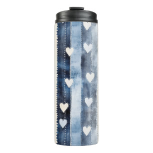 Blue White Denim Heart Stripes Birthday Thermal Tumbler