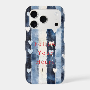 Blue White Denim Heart Stripes iPhone 17 Pro Case