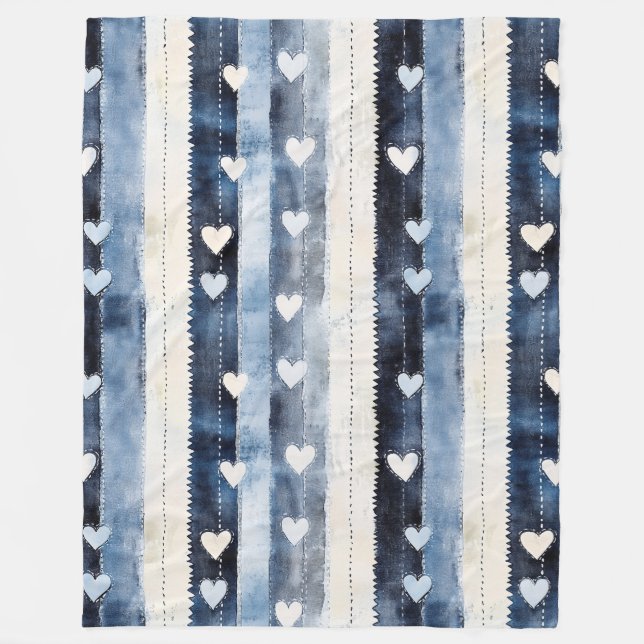 Blue White Denim Heart Stripes   Fleece Blanket (Front)