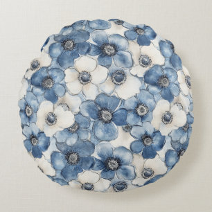 Blue White Denim Heart Stripes Floral  Round Pillow