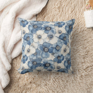 Blue White Denim Heart Stripes Floral  Throw Pillow