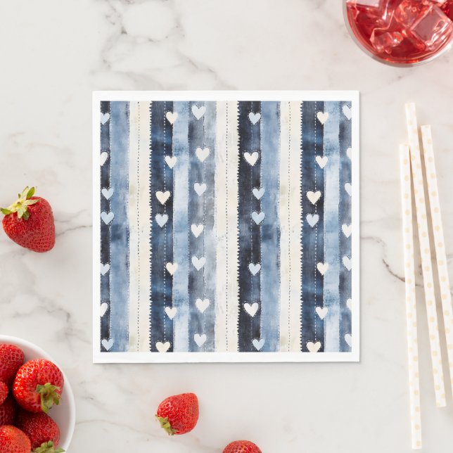 Blue White Denim Heart Stripes   Napkins (Insitu)