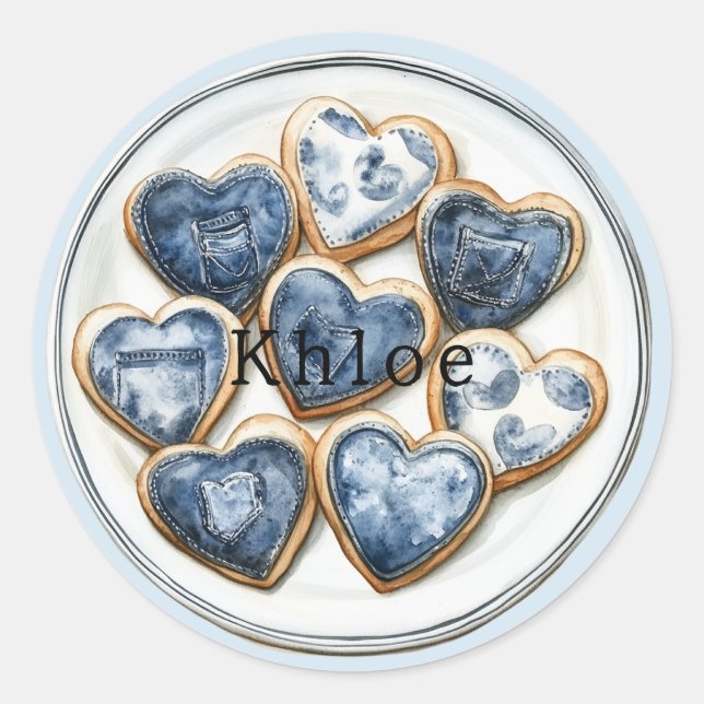 Blue White Denim Hearts Classic Round Sticker (Front)