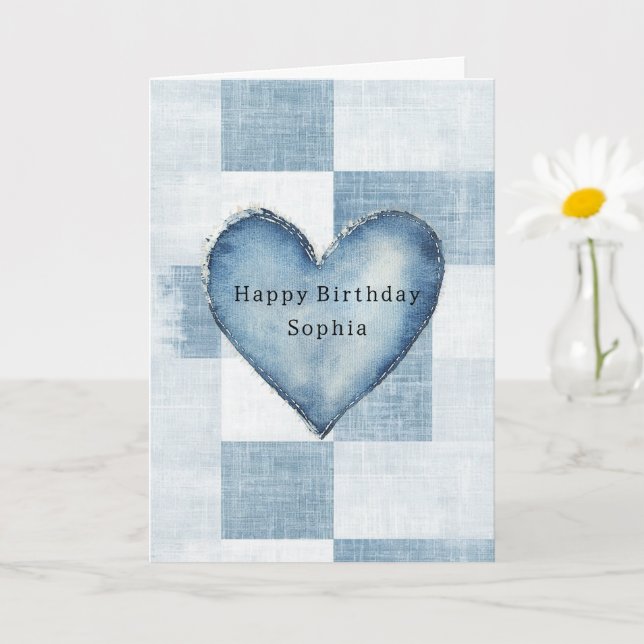 Blue White Denim Jean Heart Personalized Name Card (Small Plant)
