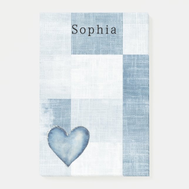 Blue White Denim Jean Heart Personalized Name Post-it Notes (Front)