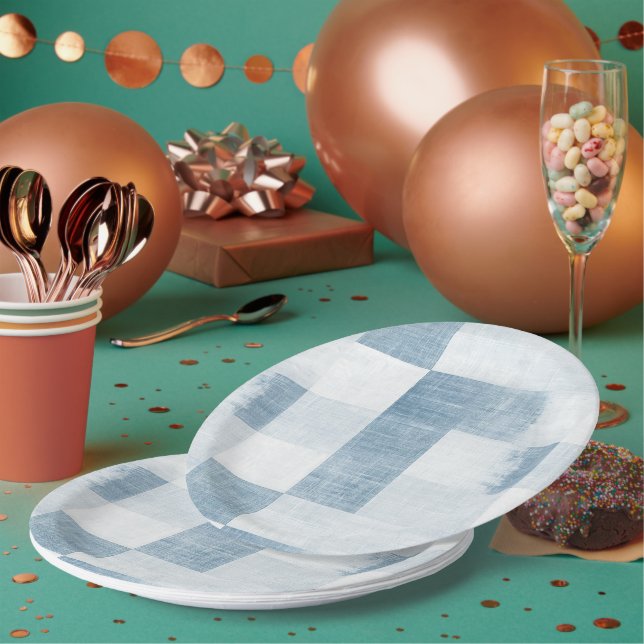 Blue White Denim Jean Stripes Birthday Paper Plates (Multi)