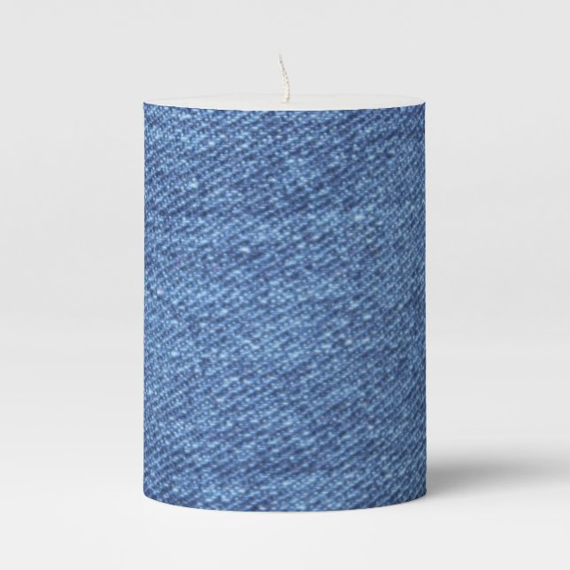 Blue White Denim Texture Look Image Pillar Candle (Front)