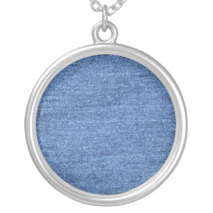 Blue White Denim Texture Look Image Silver Plated Necklace