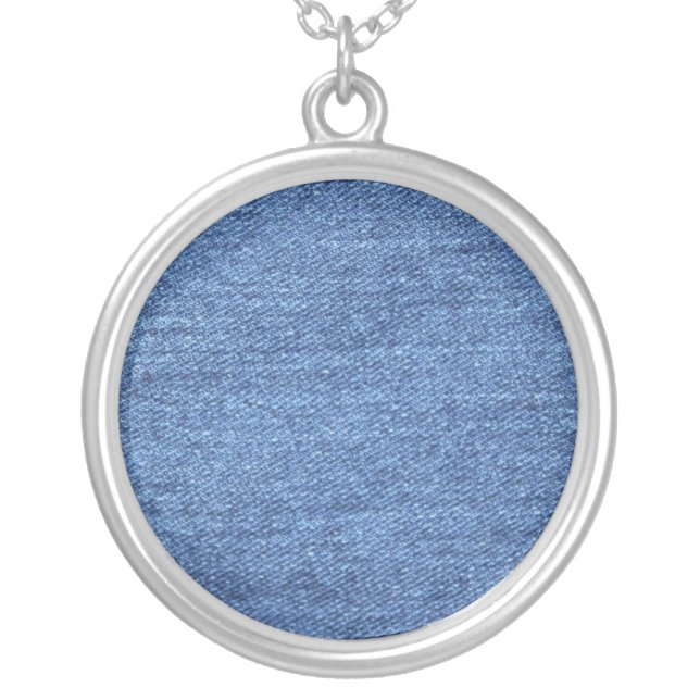 Blue White Denim Texture Look Image Silver Plated Necklace (Front)