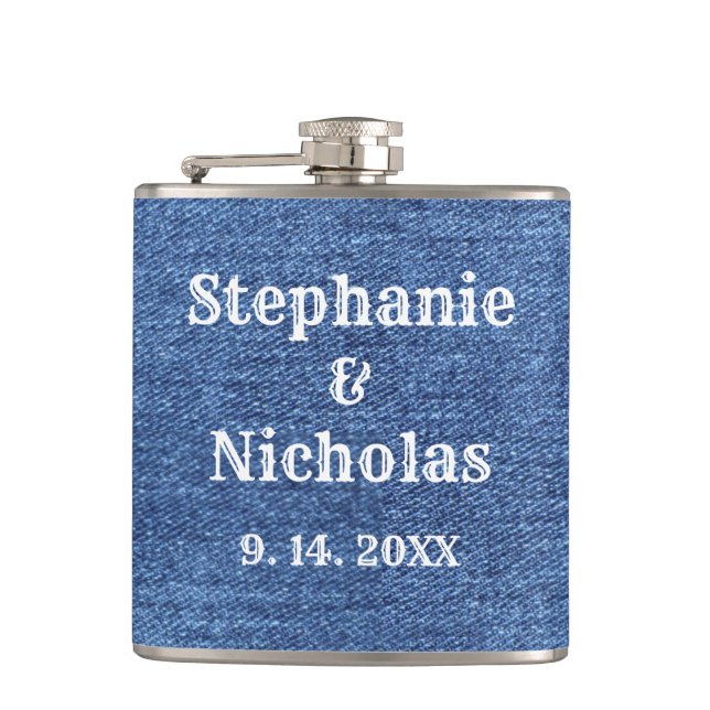 Blue White Denim Theme Wedding Flask (Front)