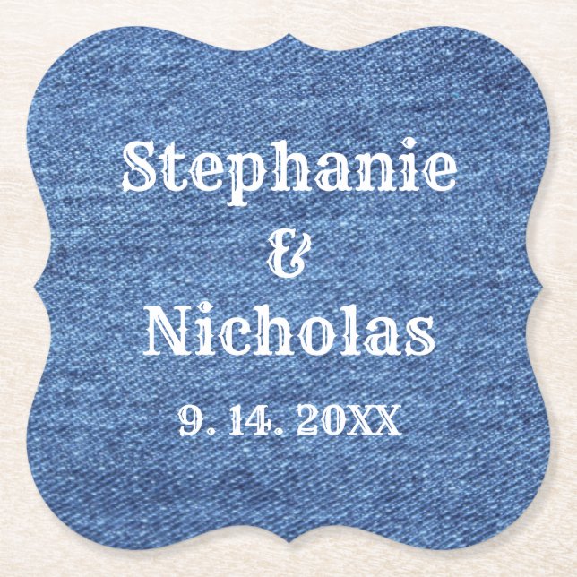 Blue White Denim Theme Wedding Paper Coaster (Front)